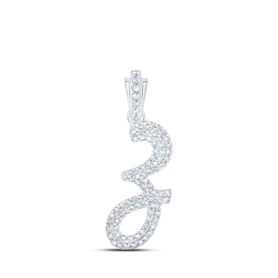 10k White Gold Womens Round Diamond Z Cursive Initial Letter Pendant 1/3 Cttw