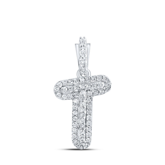 10k White Gold Womens Round Diamond T Initial Letter Pendant 1/8 Cttw