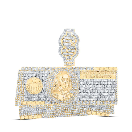 10k Yellow Gold Mens Baguette Diamond Hundred Dollar Bill Money Charm Pendant 6-7/8 Cttw