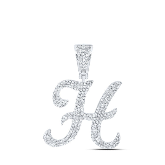 10k White Gold Mens Round Diamond H Initial Letter Charm Pendant 1-1/5 Cttw