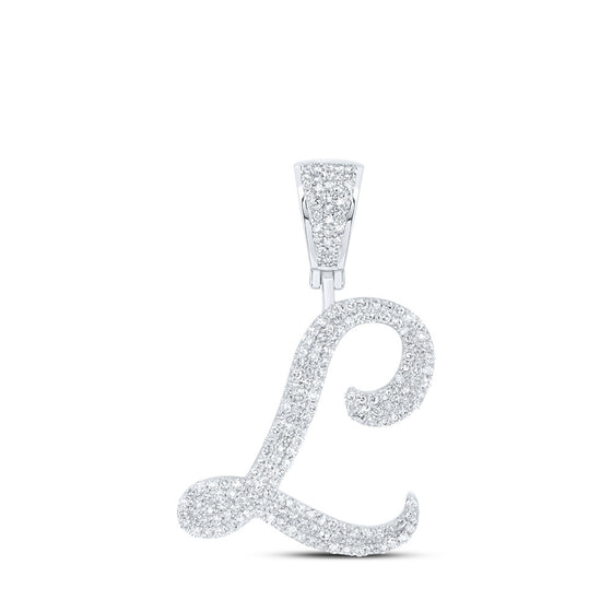 10k White Gold Mens Round Diamond L Initial Letter Charm Pendant 7/8 Cttw