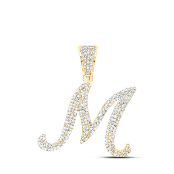 10k Yellow Gold Mens Round Diamond M Initial Letter Charm Pendant 1-1/5 Cttw