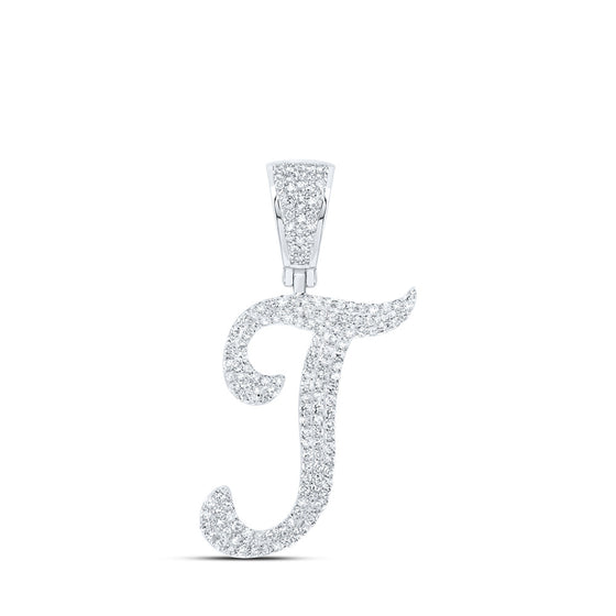 10k White Gold Mens Round Diamond T Initial Letter Charm Pendant 3/4 Cttw