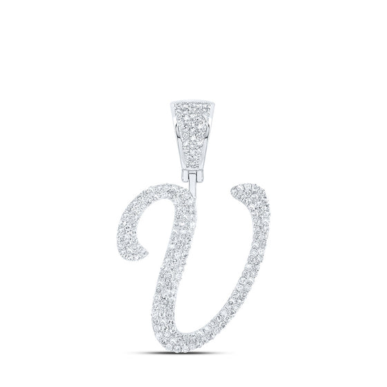 10k White Gold Mens Round Diamond V Initial Letter Charm Pendant 7/8 Cttw