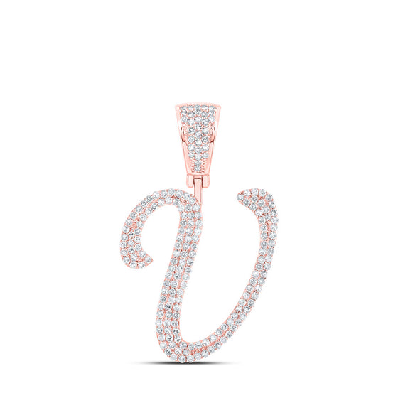 10k Rose Gold Mens Round Diamond V Initial Letter Charm Pendant 7/8 Cttw