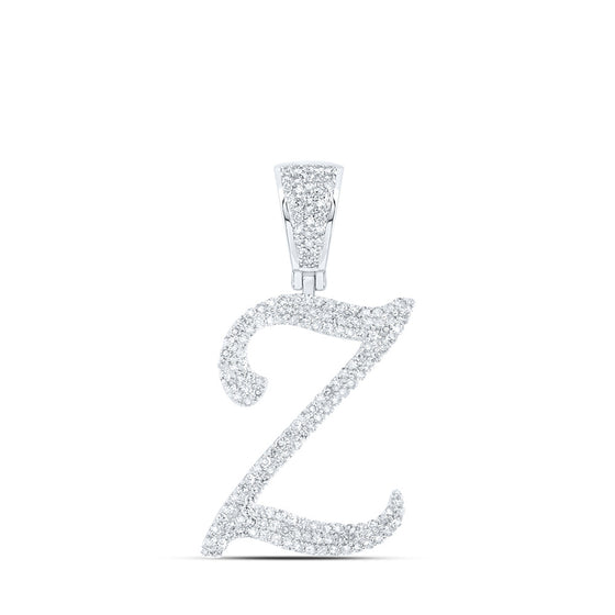 10k White Gold Mens Round Diamond Z Initial Letter Charm Pendant 7/8 Cttw