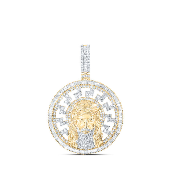 10k Yellow Gold Mens Baguette Diamond Jesus Medallion Circle Charm Pendant 2-3/4 Cttw