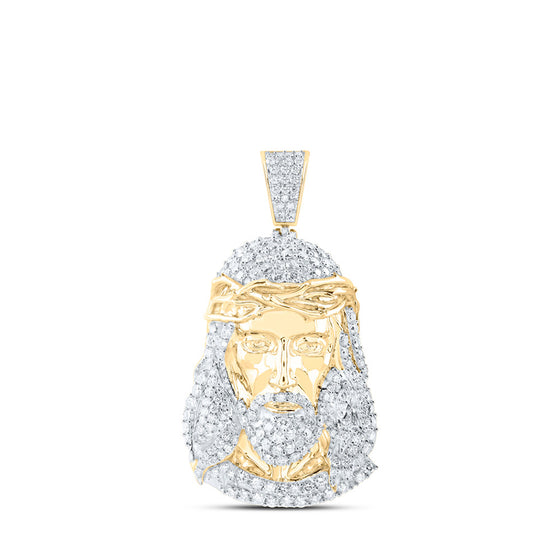 10k Yellow Gold Mens Round Diamond Jesus Face Charm Pendant 4-5/8 Cttw