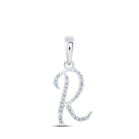10k White Gold Womens Round Diamond R Initial Letter Pendant 1/10 Cttw