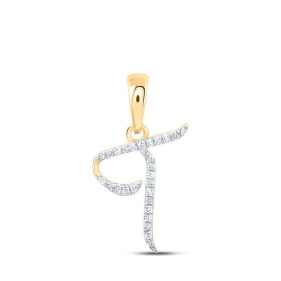 10k Yellow Gold Womens Round Diamond T Initial Letter Pendant 1/12 Cttw