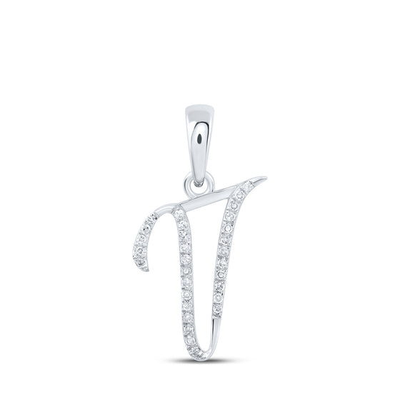 10k White Gold Womens Round Diamond V Initial Letter Pendant 1/10 Cttw