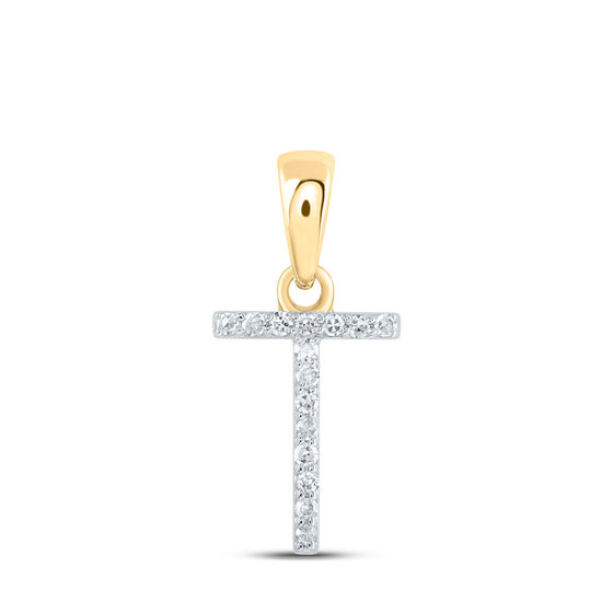 10k Yellow Gold Womens Round Diamond T Initial Letter Pendant 1/20 Cttw