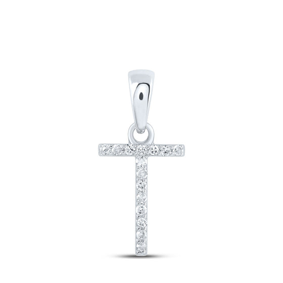 10k White Gold Womens Round Diamond T Initial Letter Pendant 1/20 Cttw