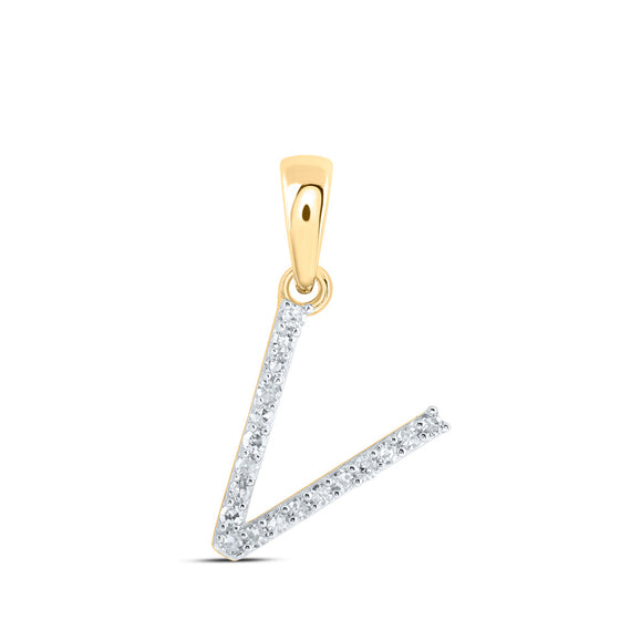 10k Yellow Gold Womens Round Diamond V Initial Letter Pendant 1/12 Cttw