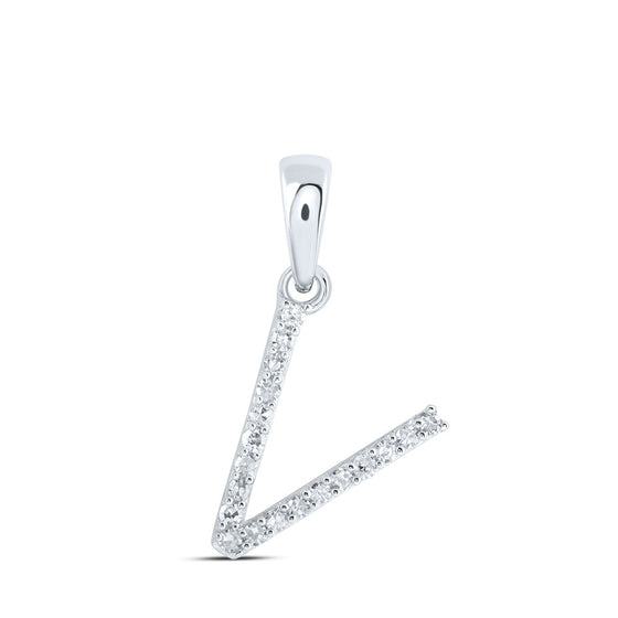 10k White Gold Womens Round Diamond V Initial Letter Pendant 1/12 Cttw