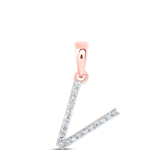 10k Rose Gold Womens Round Diamond V Initial Letter Pendant 1/12 Cttw