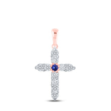  10k Rose Gold Womens Round Blue Sapphire Diamond Cross Pendant 1/2 Cttw