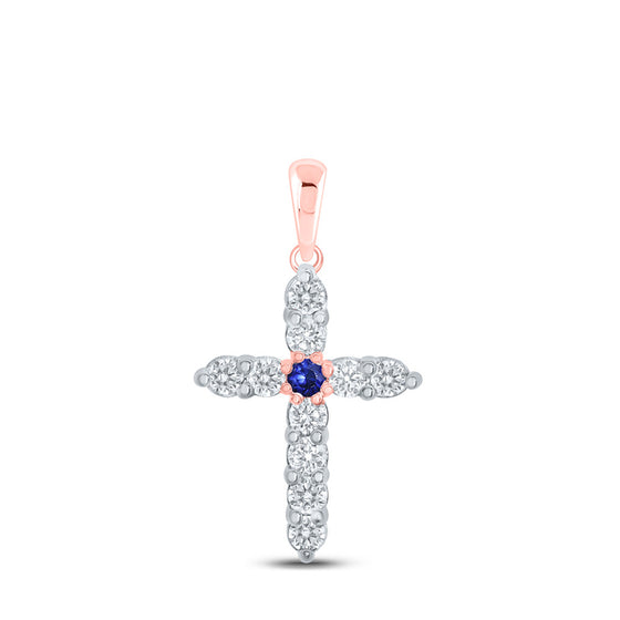 10k Rose Gold Womens Round Blue Sapphire Diamond Cross Pendant 1/2 Cttw