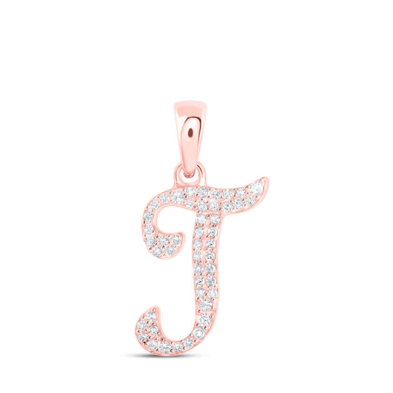10k Rose Gold Womens Round Diamond T Initial Letter Pendant 1/10 Cttw