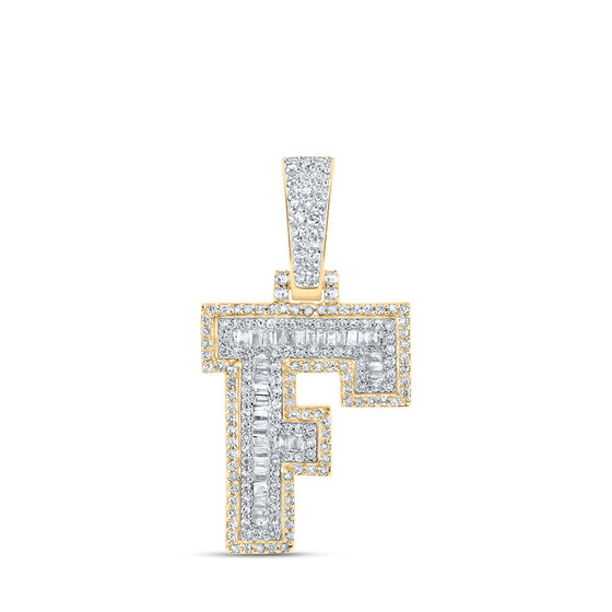 10k Yellow Gold Mens Baguette Diamond F Initial Letter Charm Pendant 1/2 Cttw