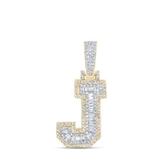 10k Yellow Gold Mens Baguette Diamond J Initial Letter Charm Pendant 1/2 Cttw