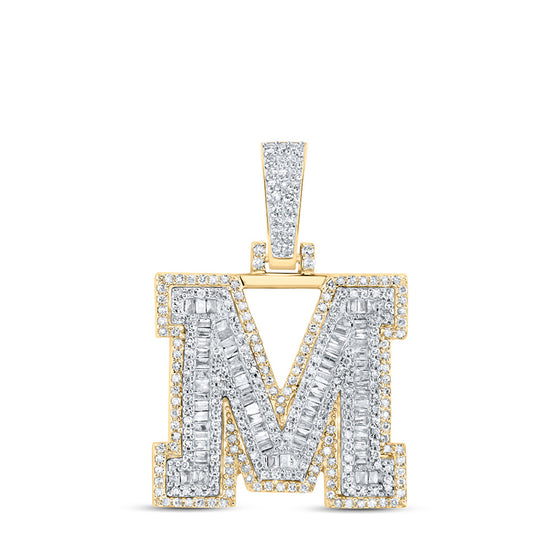 10k Yellow Gold Mens Baguette Diamond M Initial Letter Charm Pendant 7/8 Cttw
