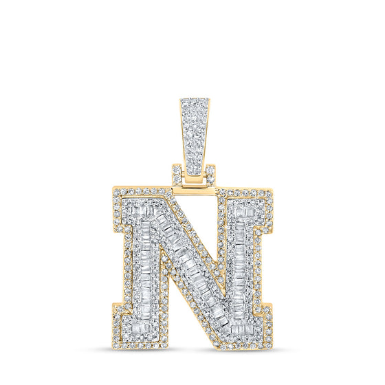 10k Yellow Gold Mens Baguette Diamond N Initial Letter Charm Pendant 3/4 Cttw