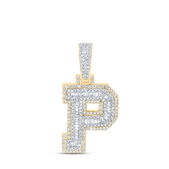 10k Yellow Gold Mens Baguette Diamond P Initial Letter Charm Pendant 5/8 Cttw