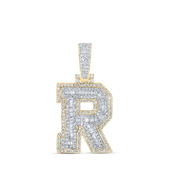 10k Yellow Gold Mens Baguette Diamond R Initial Letter Charm Pendant 5/8 Cttw