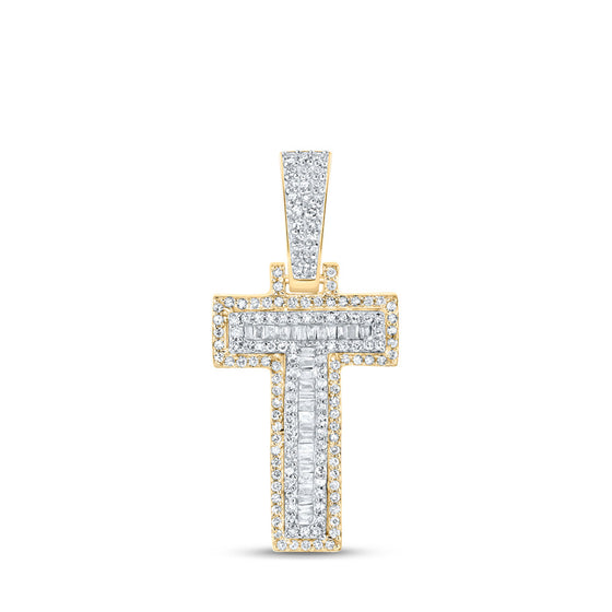 10k Yellow Gold Mens Baguette Diamond T Initial Letter Charm Pendant 3/8 Cttw
