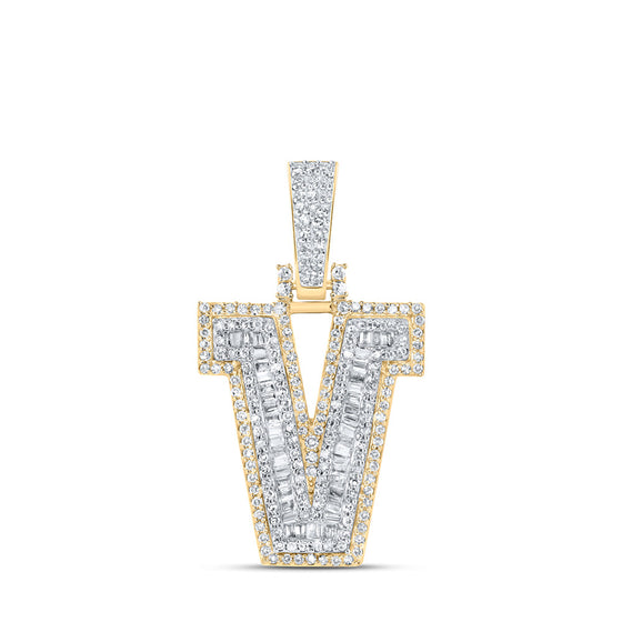 10k Yellow Gold Mens Baguette Diamond V Initial Letter Charm Pendant 5/8 Cttw