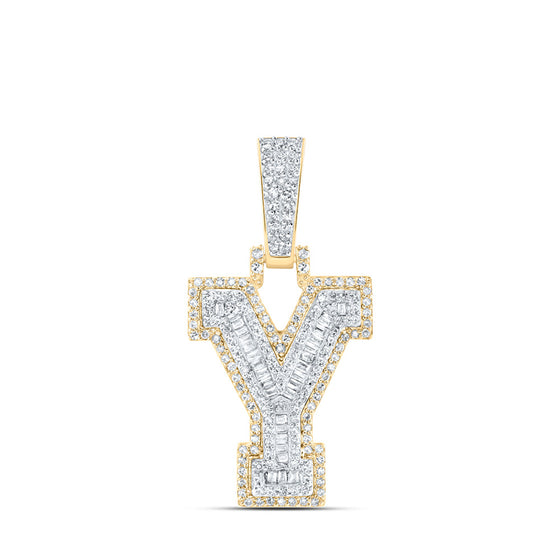10k Yellow Gold Mens Baguette Diamond Y Initial Letter Charm Pendant 1/2 Cttw