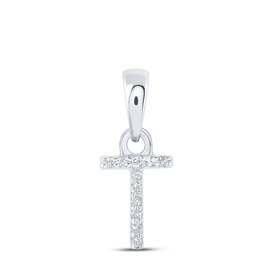 10k White Gold Womens Round Diamond T Initial Letter Pendant .02 Cttw