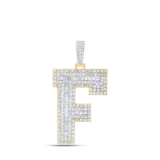 10k Yellow Gold Mens Baguette Diamond F Initial Letter Charm Pendant 4-5/8 Cttw