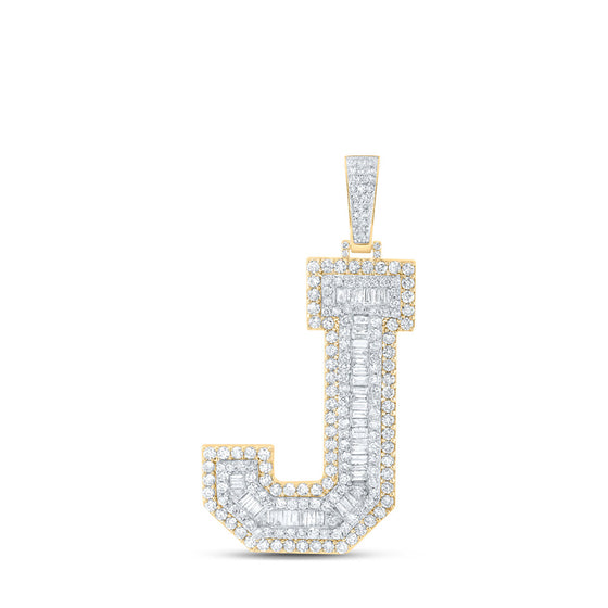 10k Yellow Gold Mens Baguette Diamond J Initial Letter Charm Pendant 4-1/5 Cttw