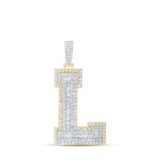 10k Yellow Gold Mens Baguette Diamond L Initial Letter Charm Pendant 4-1/3 Cttw