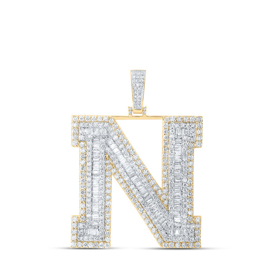 10k Yellow Gold Mens Baguette Diamond N Initial Letter Charm Pendant 7-5/8 Cttw