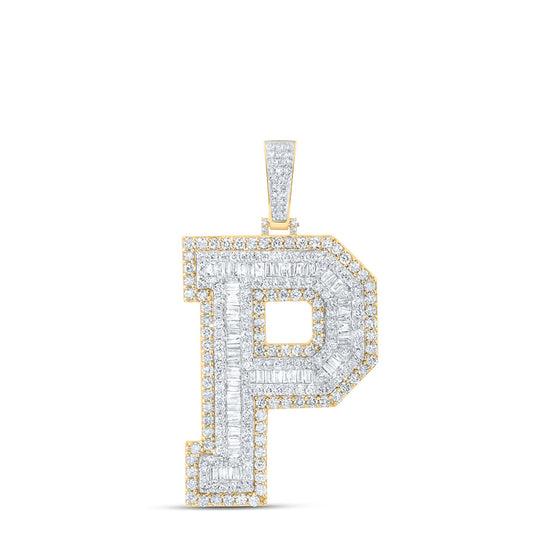 10k Yellow Gold Mens Baguette Diamond P Initial Letter Charm Pendant 5-3/8 Cttw