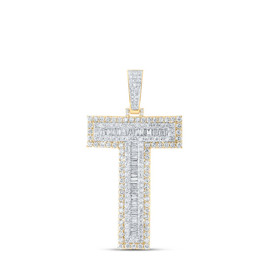 10k Yellow Gold Mens Baguette Diamond T Initial Letter Charm Pendant 4 Cttw