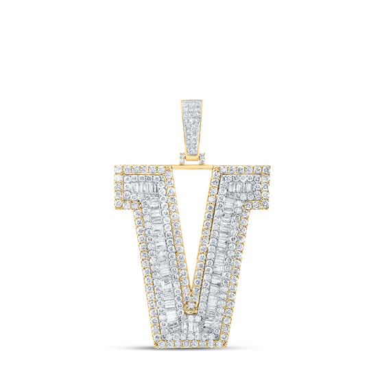 10k Yellow Gold Mens Baguette Diamond V Initial Letter Charm Pendant 5-5/8 Cttw