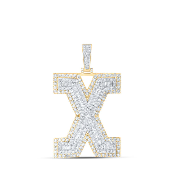 10k Yellow Gold Mens Baguette Diamond X Initial Letter Charm Pendant 4-7/8 Cttw