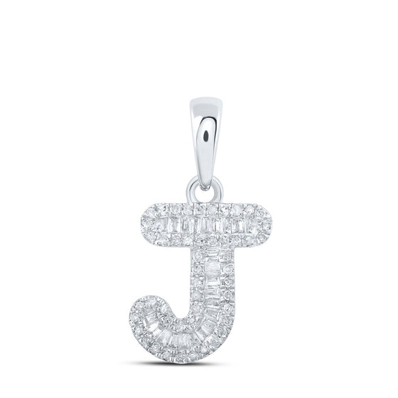 10k White Gold Womens Baguette Diamond J Initial Letter Pendant 1/3 Cttw
