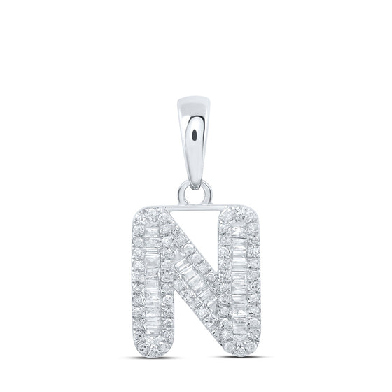 10k White Gold Womens Baguette Diamond N Initial Letter Pendant 1/3 Cttw