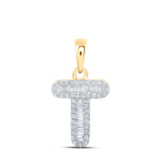 10k Yellow Gold Womens Baguette Diamond T Initial Letter Pendant 1/4 Cttw
