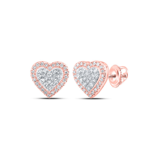 10k Rose Gold Womens Round Diamond Heart Earrings 1/5 Cttw
