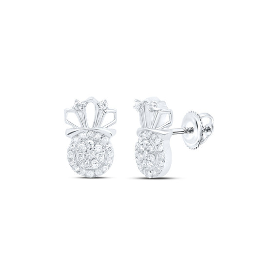 10k White Gold Womens Round Diamond Crown Earrings 1/5 Cttw