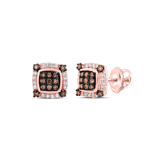 10k Rose Gold Womens Round Brown Diamond Square Earrings 1/4 Cttw