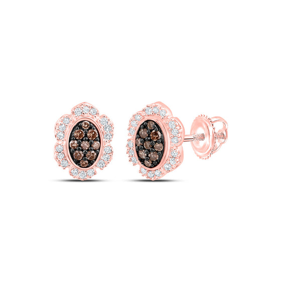 10k Rose Gold Womens Round Brown Diamond Oval Earrings 1/5 Cttw