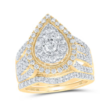  10k Yellow Gold Round Diamond Teardrop Bridal Wedding Ring Band Set 1-1/2 Cttw