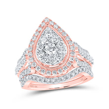  10k Rose Gold Round Diamond Teardrop Bridal Wedding Ring Band Set 1-1/2 Cttw